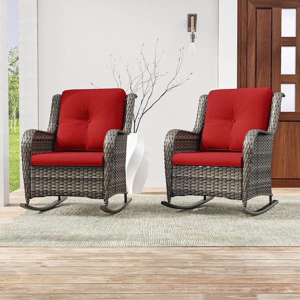 JOYSIDE Wicker Outdoor Rocking Chair Patio With Red Cushion (2-Pack ...