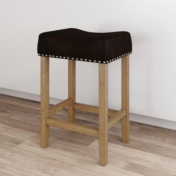 Nathan James Hylie 24 in. Dark Brown Faux Leather Nailhead Saddle Cushion Natural Wood Counter Height Bar Stool