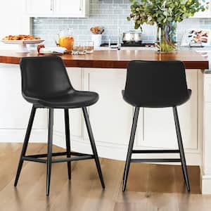 35 in. Black Low Back Metal Frame Cushioned Counter Height Bar Stool with Faux Leather Seat (Set of 2)