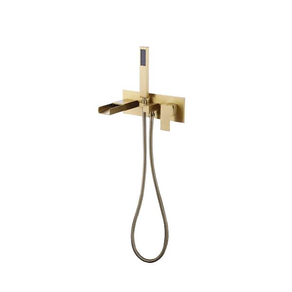 Wall Mounted Bathtub Faucet with Handhold Shower Single-Handle Roman Tub Faucet with Brass Rough-in Valve in Gold