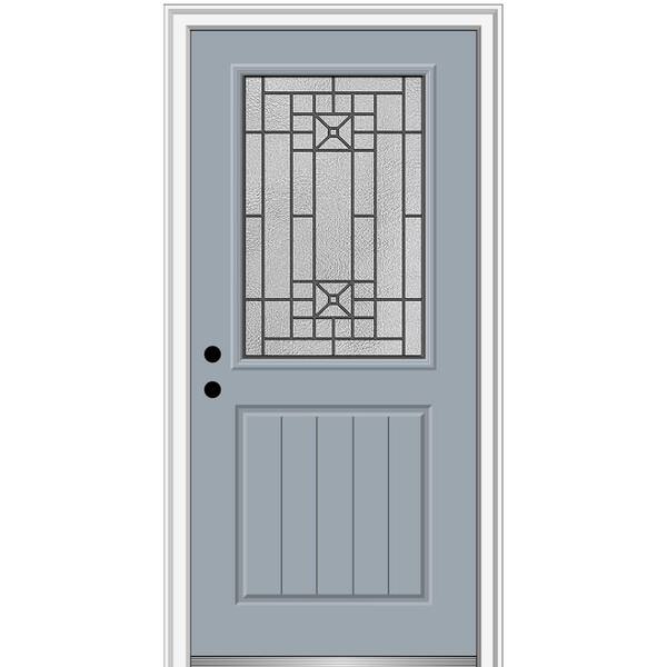 MMI Door 36 in. x 80 in. Courtyard Right-Hand 1/2-Lite Decorative Planked Painted Fiberglass Prehung Front Door, 4-9/16 in. Frame