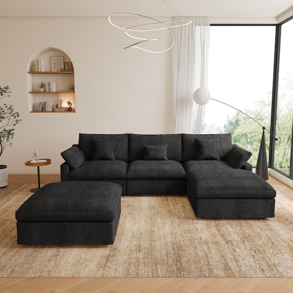 Magic Home 120 in. Square Arm 5-Piece Linen Upholstered Cloud Modular Sectional Sofa 3-Seater w/ Ottoman, Washable Covers in Black