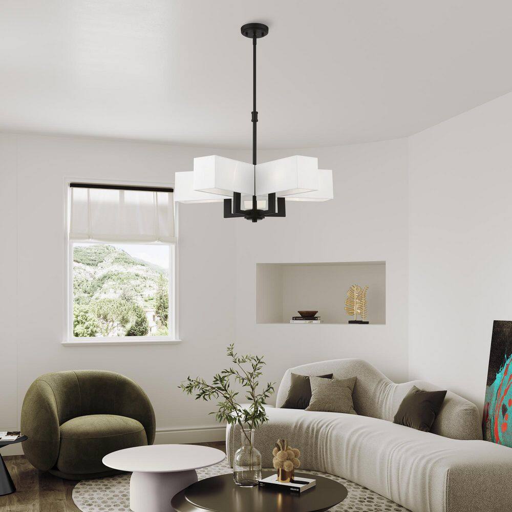 Satin Brass and Black 5-Light Chandelier with Fabric Shades