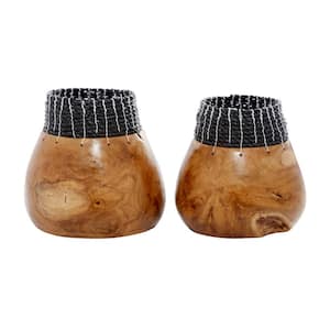 Brown Handmade Wood Decorative Vase with Black Seagrass Accents (Set of 2)