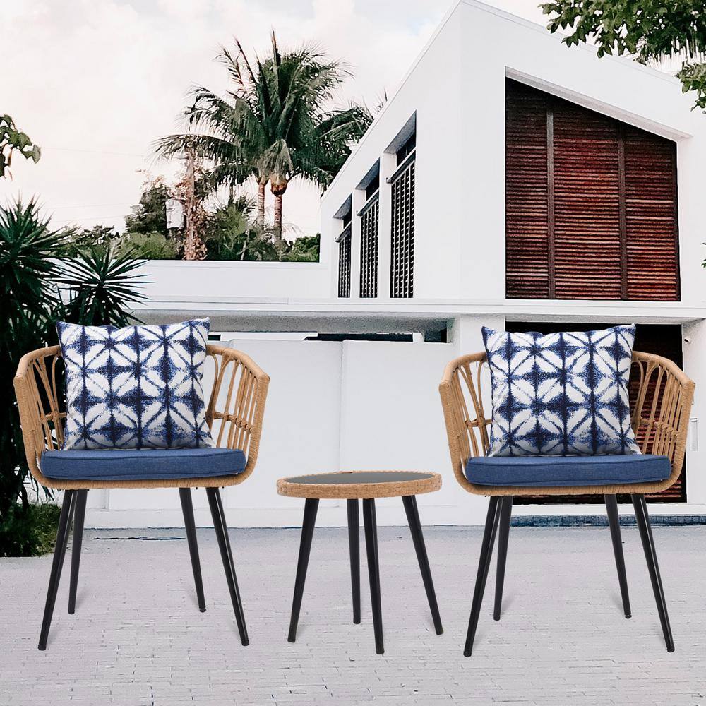 3 -Piece Metal Outdoor Patio Bistro Set with Side Table, PE Rattan ...