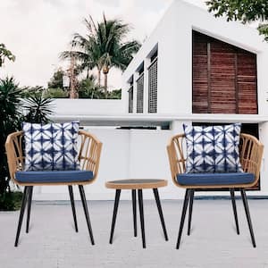 3 -Piece Metal Outdoor Patio Bistro Set with Side Table, PE Rattan Chair with Blue Cushion and Coffee Table