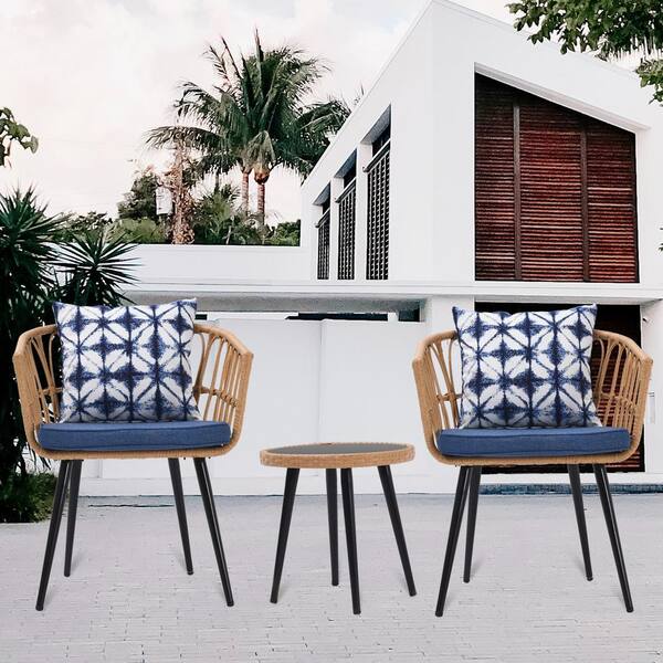 3 Piece Metal Outdoor Patio Bistro Set with Side Table, PE Rattan Chair with Blue Cushion and