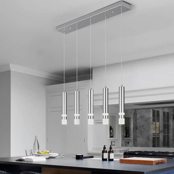 Home Lighting 1.57 in. 5-Light Chrome Modern Dimmable Integrated LED Pendant Light For Kitchen Island（JP-082-5C）