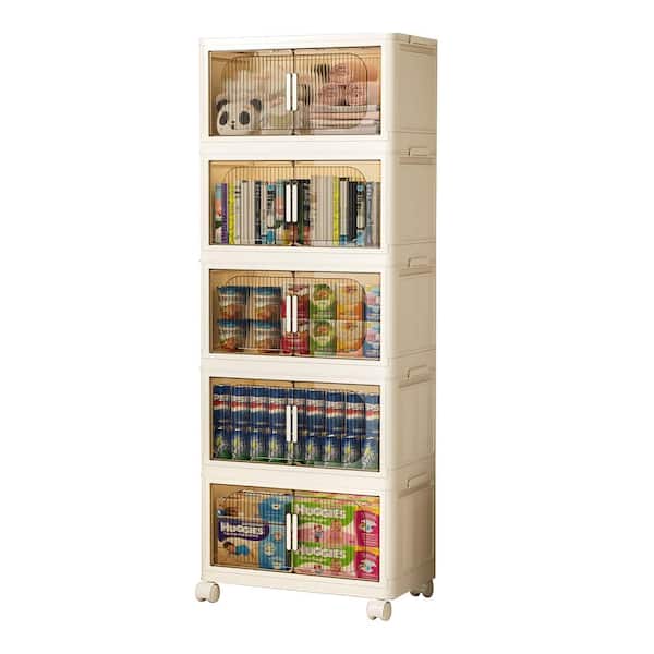 Tenleaf Cream White Plastic Kitchen Cart with Wheel, 5-Tier Closet Organizers Kitchen Pantry Cabinet Collapsible Storage Hutch