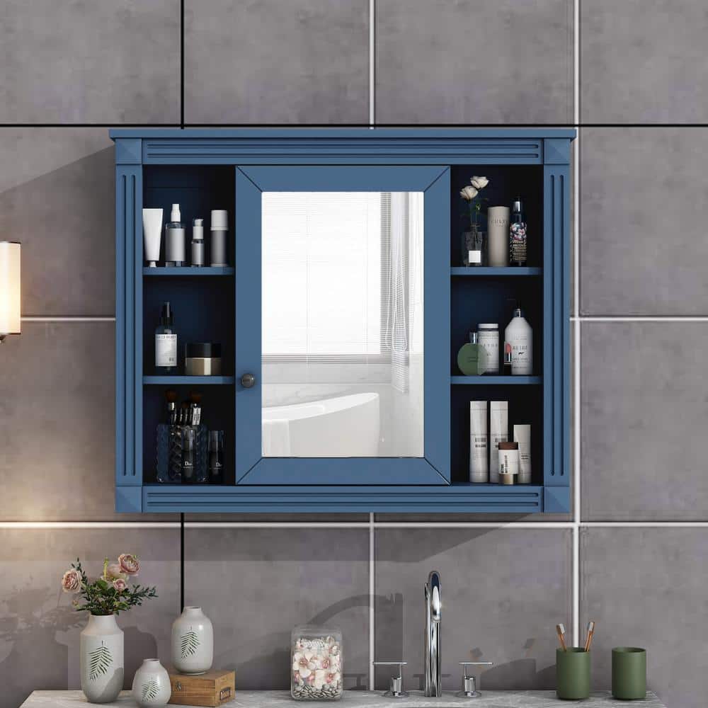 35 in. W x 7 in. D x 29 in. H Bathroom Storage Wall Cabinet in Blue with Mi