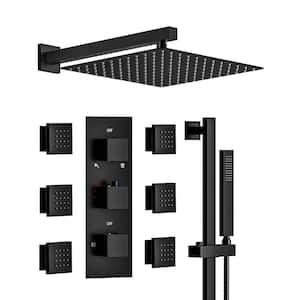 Thermostatic Valve 5-Spray 12 in. Square Shower Head High Pressure Shower System with Hand Shower in Matte Black