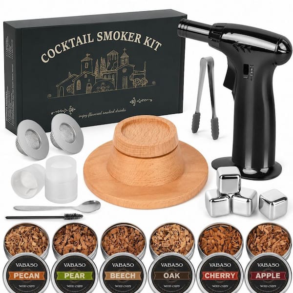 1-Piece Natural Wood Cocktail Smoker Kit with Torch and 6 Flavors Wood Chips for Whiskey and Bourbon Drinks
