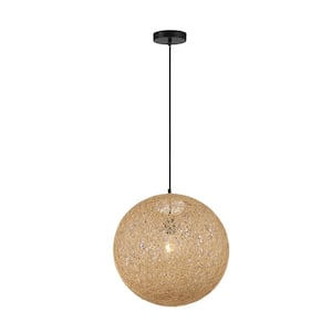 Entwined 60-Watt 1-Light Black 16 in. Globe Pendant Light with Natural Rattan Shade and No Bulbs Included