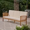 Noble House Carolina Teak Brown 1-Piece Wood Outdoor Patio Couch with Cream Cushions 65543