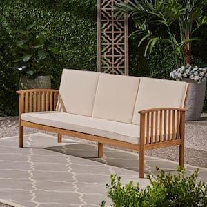 Carolina Teak Brown 1-Piece Wood Outdoor Couch with Cream Cushions