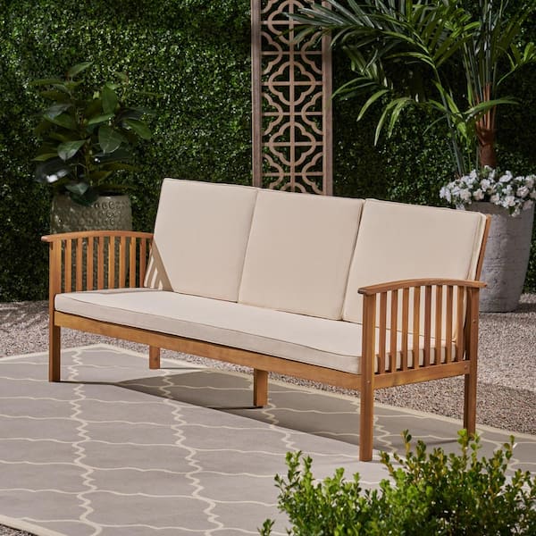 Wood Outdoor Couch With Cream Cushions, Wood Outdoor Sofa With Cushions