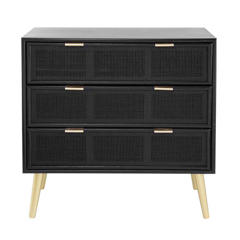 Mid-Century Mirrored 31" Black Dresser with Woven Rattan Drawers