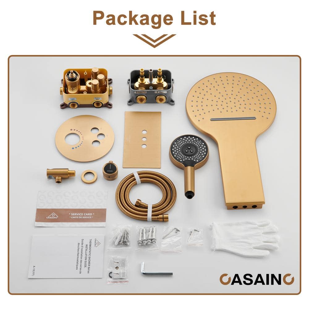 Brushed Gold Thermostatic Rainfall Shower System with Handheld