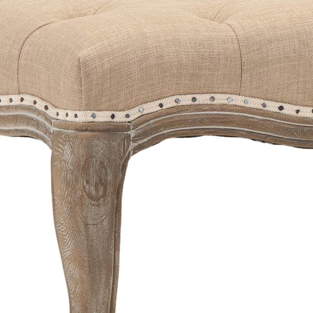 Transitional Beige Linen and Oak Tufted Bench