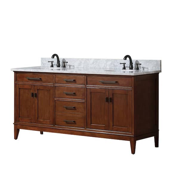 Madison 73 in. Double Sink Tobacco Bath Vanity with Carrara White Marble Top