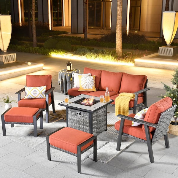 HOOOWOOO Walden Grey 6-Piece Wicker Steel Outdoor Patio Conversation Sofa Set with a Fire Pit and Orange Red Cushions