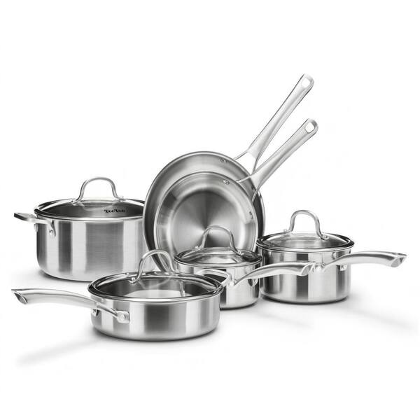 Silver 10 Piece Stainless Steel Cookware Set, Tri-Ply PFOA Free All Stove Compatible Kitchen Pots and Pans Set