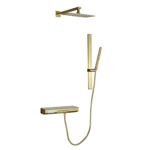 3-Spray Thermostatic Tub and Shower Faucet with 2 Setting Hand Shower in Brushed Gold (Valve Included)