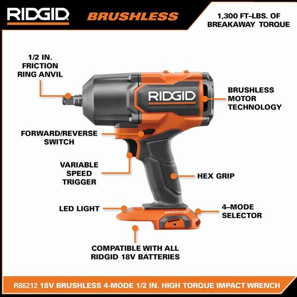 Ridgid 18V Brushless Cordless 1/2 in. HT Impact Wrench Kit with (1) 4.0 Ah Battery and Charger and Protective Boot