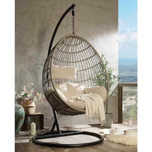waelph 37 in. 1 Person Brown Wicker Patio Swing with Beige Cushion