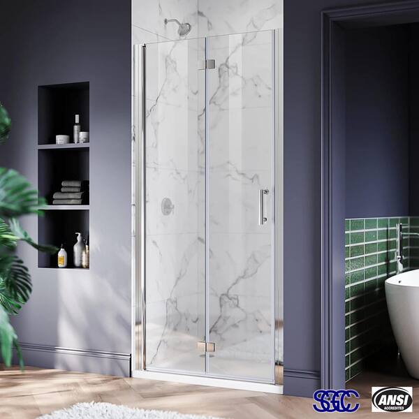 TOOLKISS 32 to 33-3/8 in. W x 72 in. H Bi-Fold Frameless Shower Doors in Chrome with Clear Glass