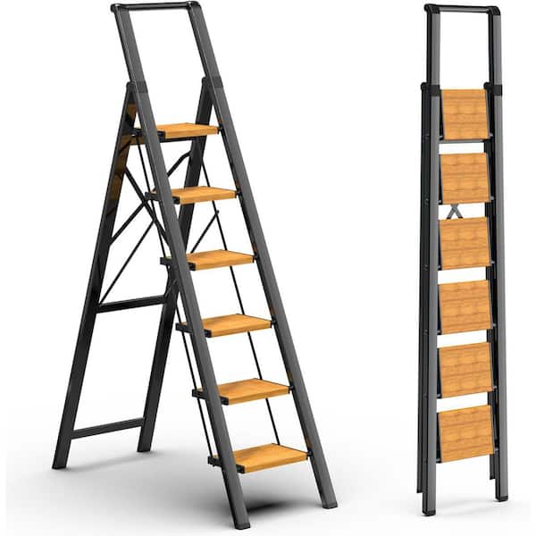 Unbranded 6 Step Ladder for 12 ft. High Ceiling, Stepladders with Anti-Slip，Use Space Saving-Black+Woodgrain