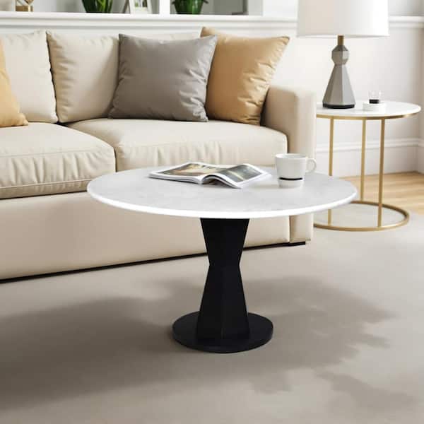 THE URBAN PORT Riko Modern 27 in. White and Black Round Marble Coffee Table with Hourglass Pedestal Base