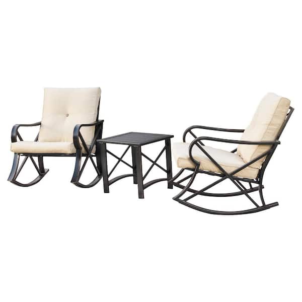 Patio Festival 3-Piece Metal Patio Rocker Conversation Set with Beige Cushions