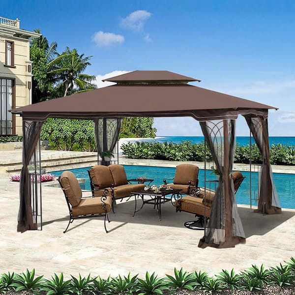 Agix 13 ft. x 10 ft. 2-Tier Steel Outdoor Patio Garden Gazebo Canopy Outdoor Shading, Tent with Curtains in Brown