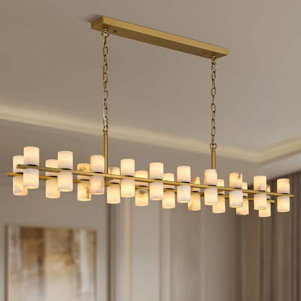 54 in. 40-Light Gold Rectangular Chandelier, Modern Alabaster Chandelier for Dining Room, Living Room, Kitchen Island