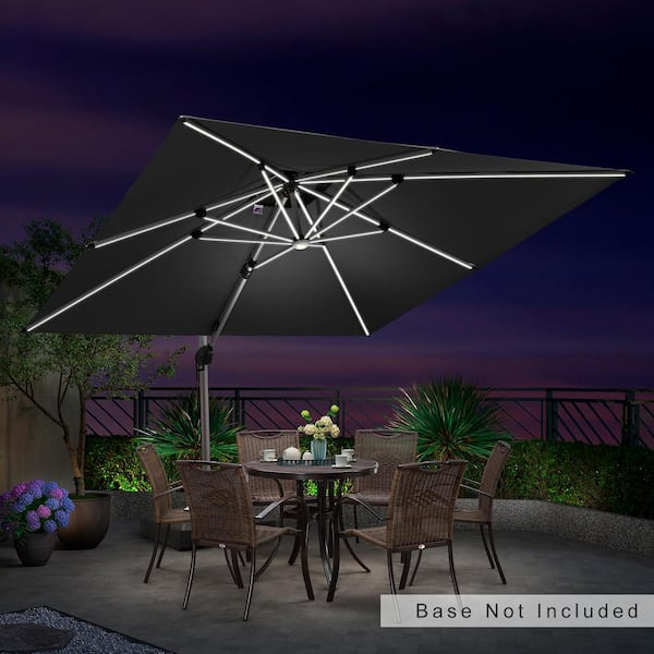 PURPLE LEAF 10 ft. Square Solar Powered LED Patio Umbrella Outdoor Cantilever Umbrella Heavy-Duty Sun Umbrella in Gray