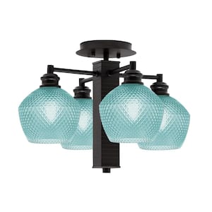 Albany 17.75 in. 4-Light Espresso Semi-Flush with Turquoise Textured Glass Shades