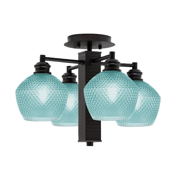 Unbranded Albany 17.75 in. 4-Light Espresso Semi-Flush with Turquoise Textured Glass Shades