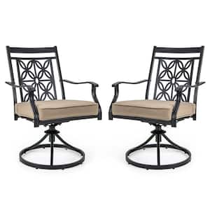 Patio Metal Swivel Chairs Set of 2-Black Fabric Bistro Outdoor Rocking Chairs Khaki Cushion Curved Armrests