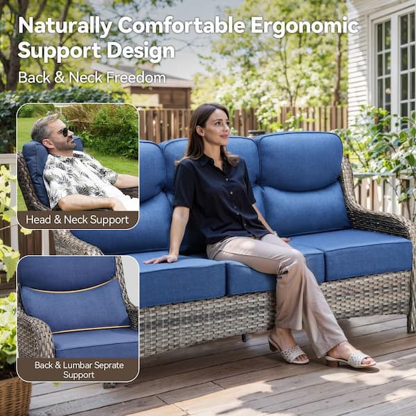 Crescent Gray Wicker Patio Conversation Set with Blue Olefin 6 In. Thick Cushions/Ottoman (3-Piece)