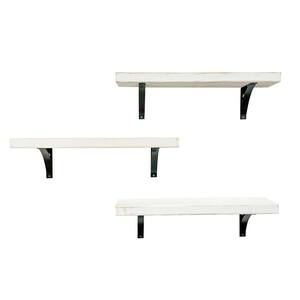 Industrial Grace Simple 5.5in x 24in x 7in White Pine Wood Set of Three Floating Decorative Wall Shelves with Brackets