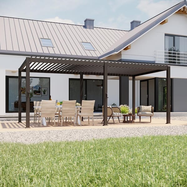 Titan Series 10 ft. x 20 ft. Dark Brown Aluminized Steel Louvered Pergola Modern Outdoor Pergola with Adjustable Roof