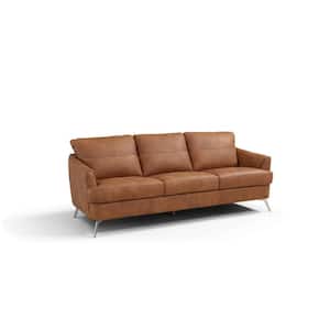 Amelia 81 in. Rolled Arm Leather Rectangle Sofa in Camel