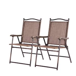 Brown Folding Metal Outdoor Dining Chair Sling Back Camping Chair with Armrest and Pillow in Coffee (2-Pack)
