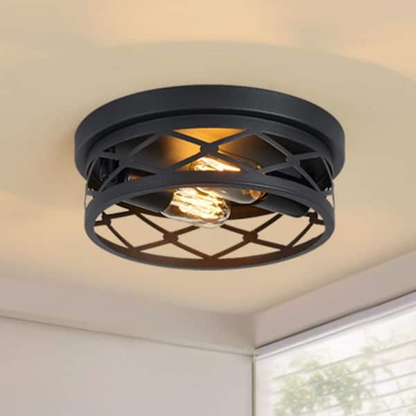 GMGSROM 10.7 in. 2-lights Matte Black Flush Mount Ceiling Light Fixtures With Cage-style Metal Frame