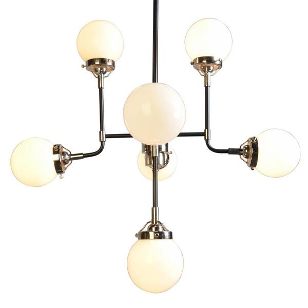 Unbranded 8-Light Black and Chrome Chandelier with White Glass Shade