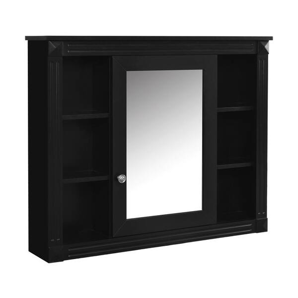 35 in. W x 28 in. H Rectangular Black Wood Surface Mount Medicine Cabinet with Mirror, Soft Close Door and 6 Shelves
