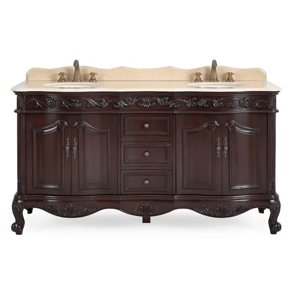 Beckham 64 in.W x 22 in. D x 36 in. H Double Sink Bathroom Vanity in Brown with Cream Marble Top