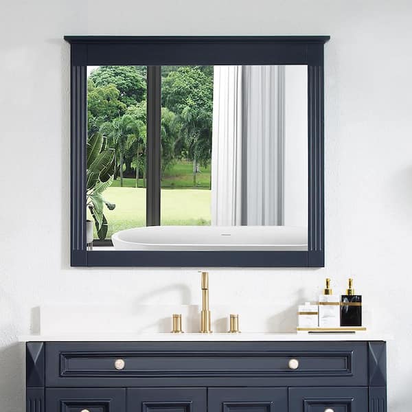WELLFOR 38 in. W x 33 in. H Rectangular Wood Framed Wall Bathroom Vanity Mirror in Navy Blue, Vertical Hanging, Solid Wood