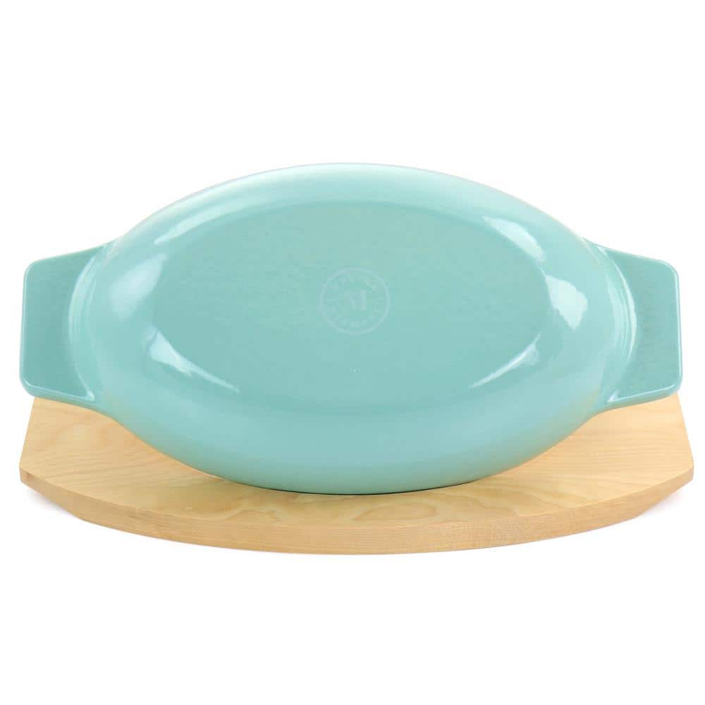 Oval Blue Cast Iron Casserole with Birch Wood Trivet